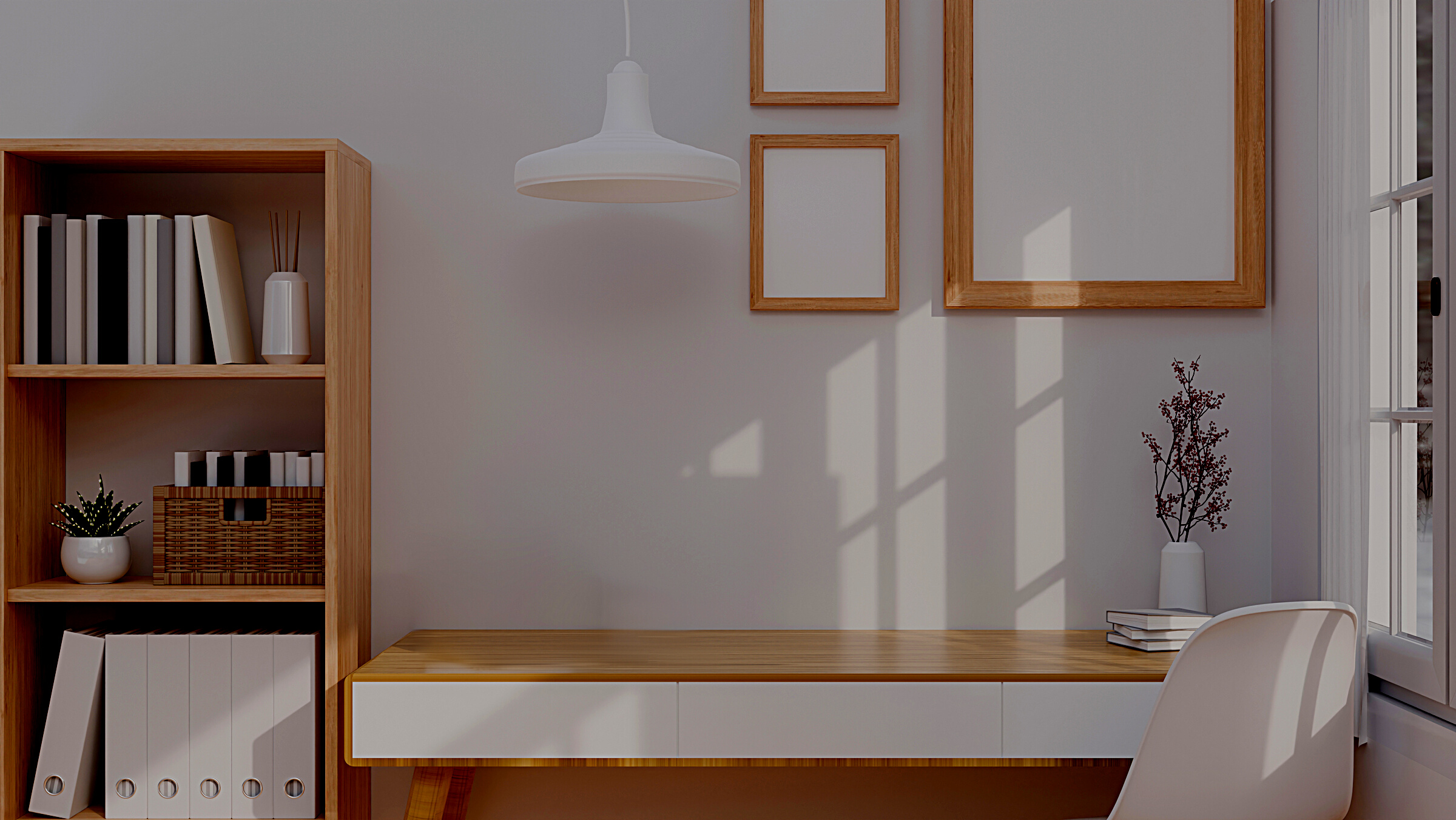 Minimalist Japanese home office interior with wooden desk